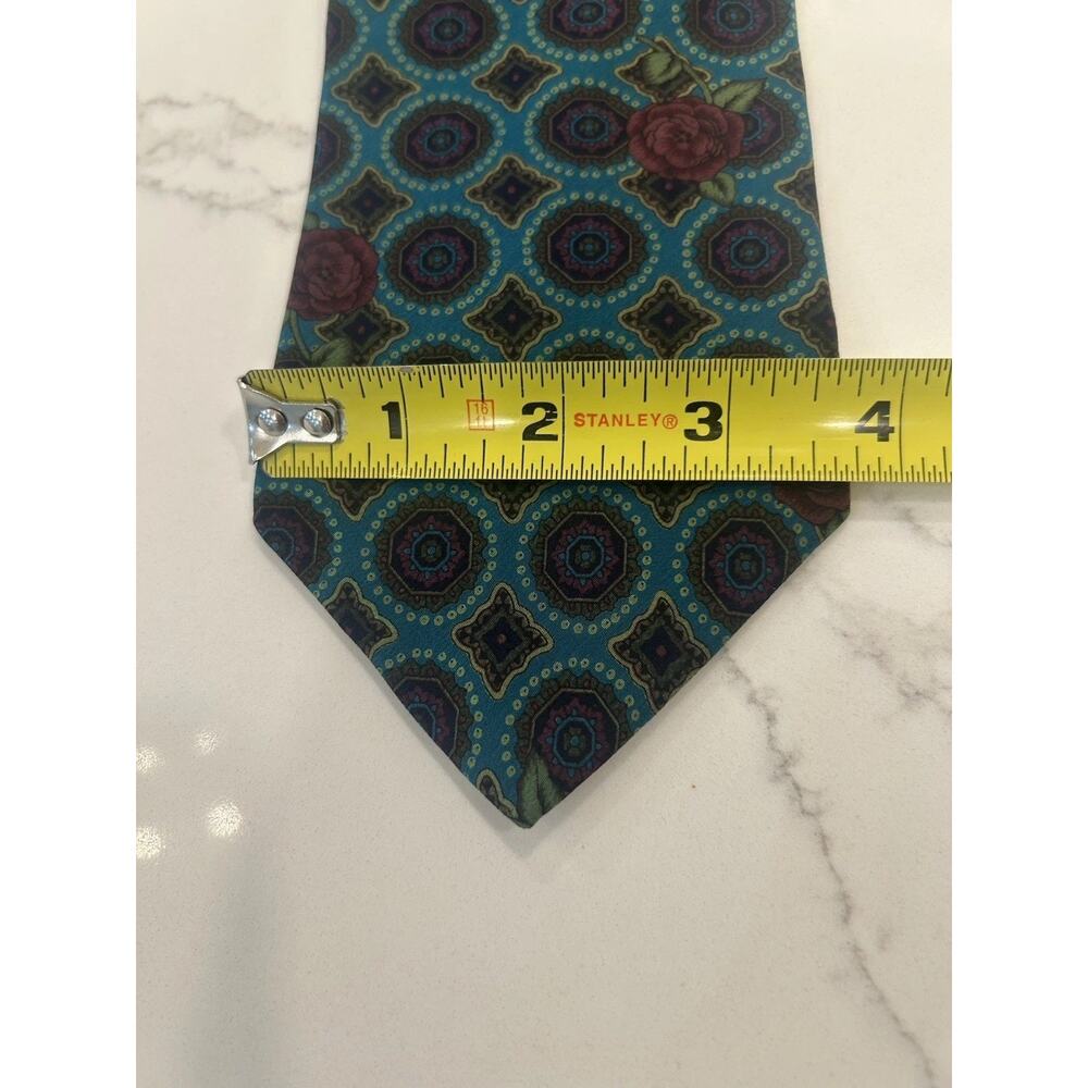 Vtg 1990s Tango by Max Raab Mens Silk Tie 3.75” Muted Turquoise Abstract Roses - Picture 5 of 8